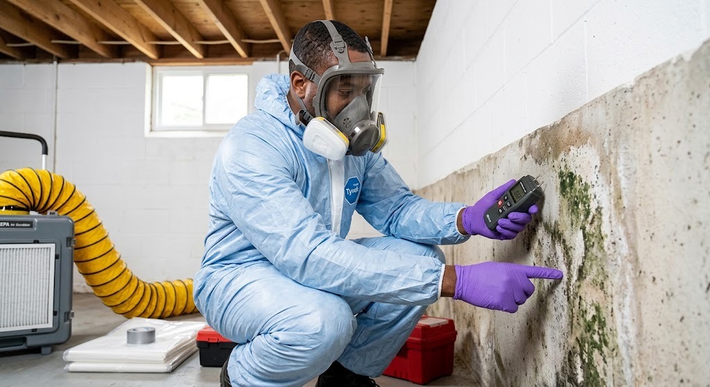 Mold inspection and remediation professional checking a Long Island home for mold and moisture